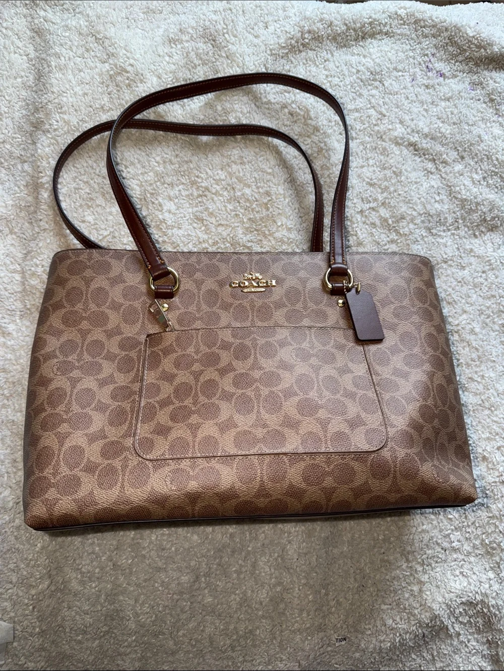 Authentic Coach Brown Signature Canvas Station Tote with Leather Trim